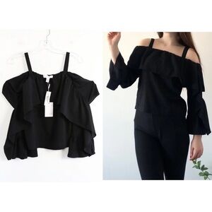 NWT Scripted Nordstrom black cold shoulder ruffle sleeve top chiffon romantic XS
